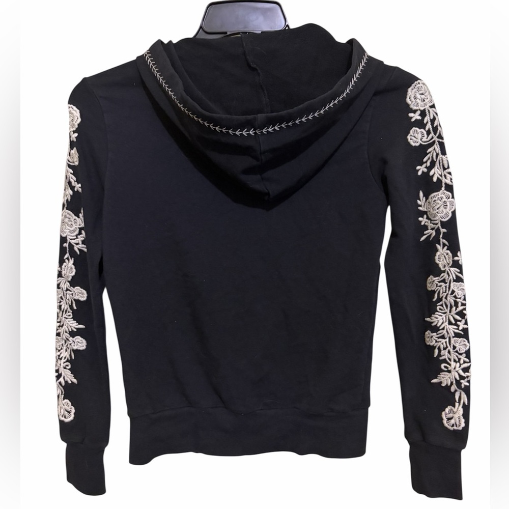 Y2K Black Zip Up Hoodie With Intricate White Floral Embroidery Fairy Grunge Boho - Picture 5 of 10